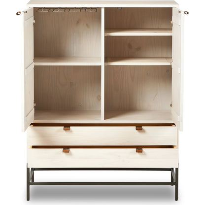 Trey Bar Cabinet by Four Hands in black wash poplar, toffee leather. Made from solid poplar, top grain leather in a modern style.