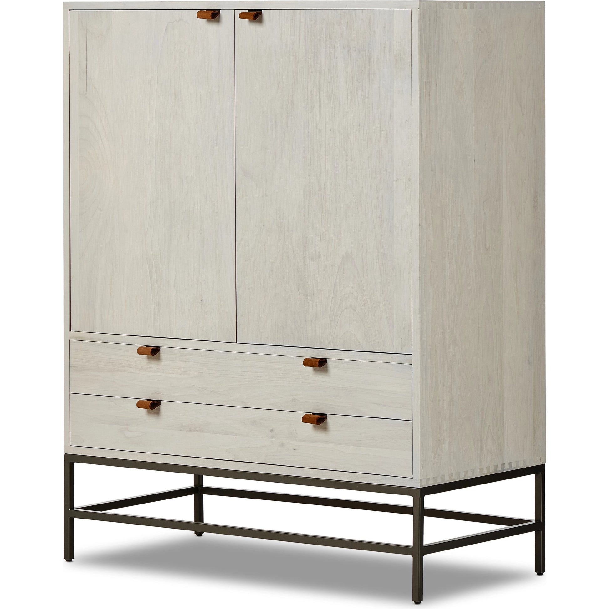 Trey Bar Cabinet by Four Hands in black wash poplar, toffee leather. Made from solid poplar, top grain leather in a modern style.