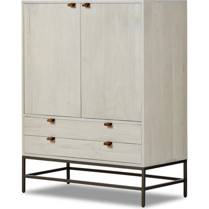 Trey Bar Cabinet by Four Hands in black wash poplar, toffee leather. Made from solid poplar, top grain leather in a modern style.