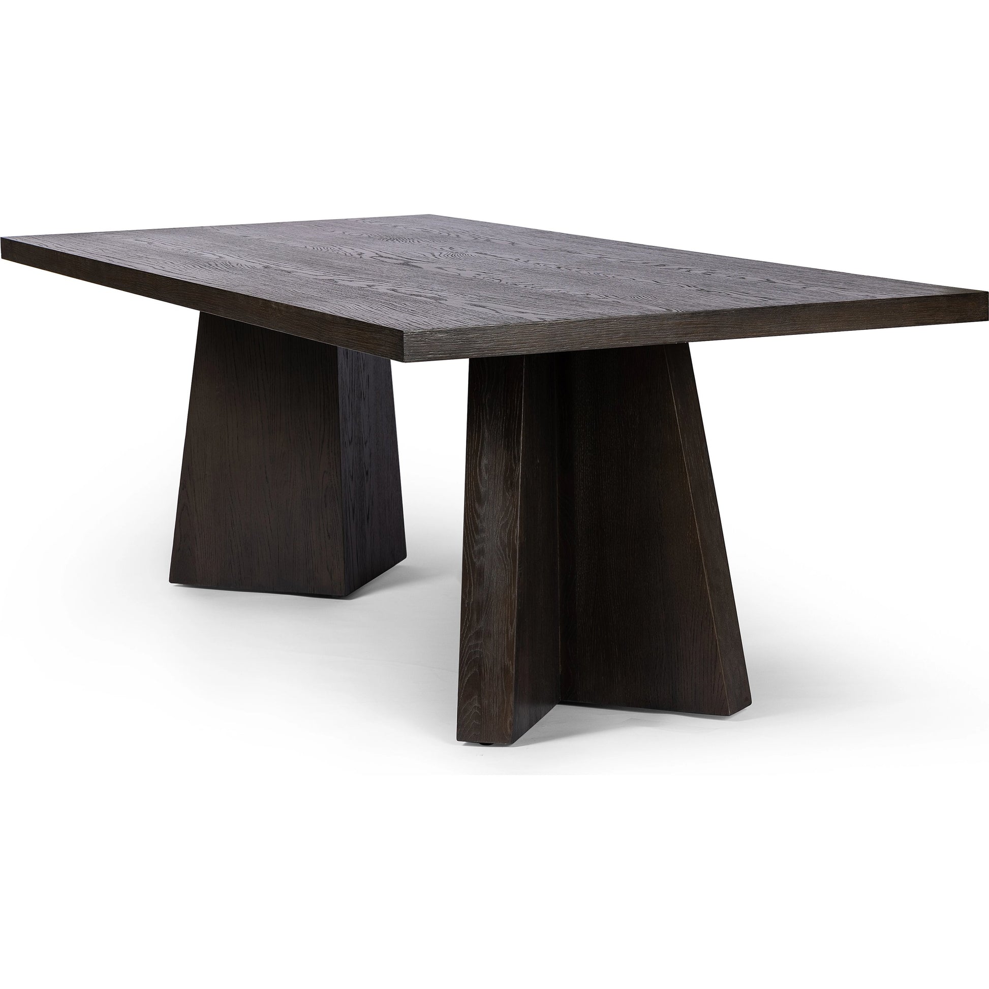 Shavano Dining Table by Four Hands in espresso oak. Made from oak veneer, solid oak, poplar eucalyptus plywood in a modern style.
