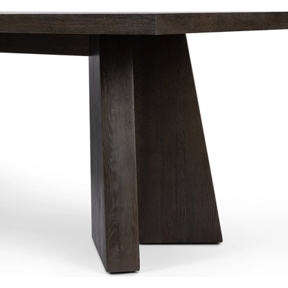 Shavano Dining Table by Four Hands in espresso oak. Made from oak veneer, solid oak, poplar eucalyptus plywood in a modern style.