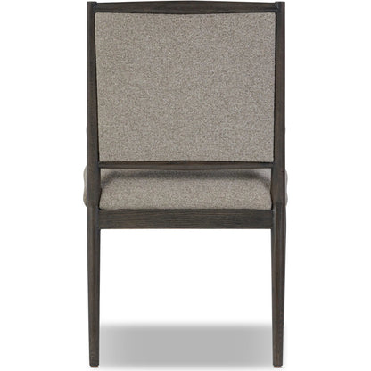 Glenview Dining Armchair by Four Hands in weslie feather, smoked black oak. Made from 100% recycled olefin, solid oak in a transitional style.