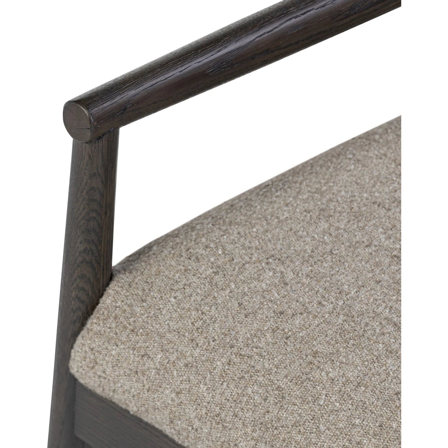 008 SI-2524092 | Closeup | Glenview Dining Armchair by Four Hands in weslie feather, smoked black oak. Made from 100% recycled olefin, solid oak in a transitional style.