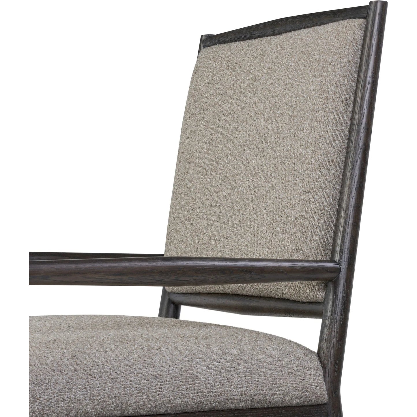 011 SI-2524092 | Closeup | Glenview Dining Armchair by Four Hands in weslie feather, smoked black oak. Made from 100% recycled olefin, solid oak in a transitional style.