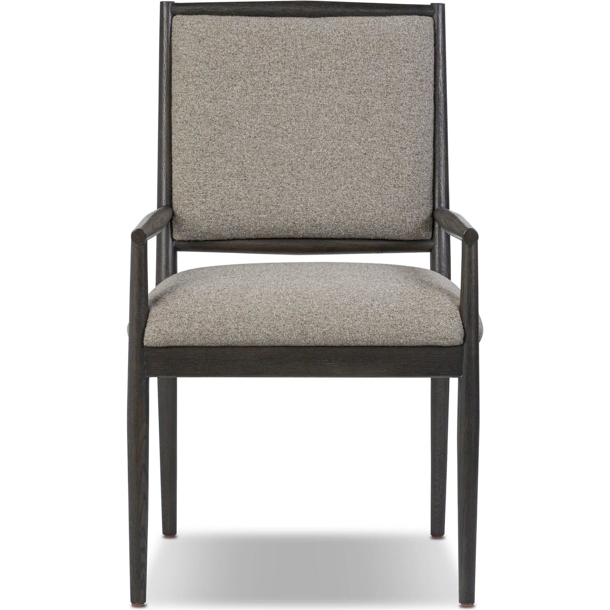 Glenview Dining Armchair by Four Hands in weslie feather, smoked black oak. Made from 100% recycled olefin, solid oak in a transitional style.