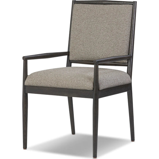 Glenview Dining Armchair by Four Hands in weslie feather, smoked black oak. Made from 100% recycled olefin, solid oak in a transitional style.