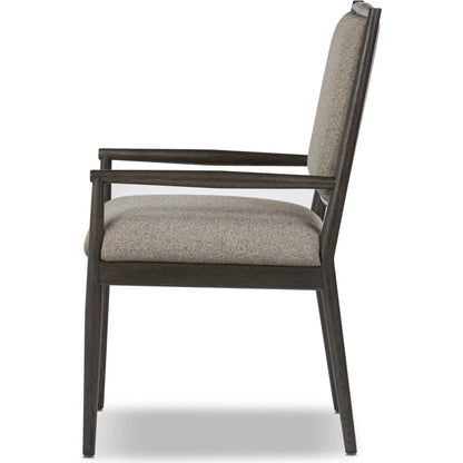 Glenview Dining Armchair by Four Hands in weslie feather, smoked black oak. Made from 100% recycled olefin, solid oak in a transitional style.