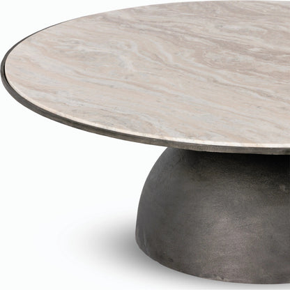 Corbett Large Coffee Table by Four Hands in hammered grey, creamy taupe marble. Made from solid marble, aluminum, engineered hardwood in a modern style.