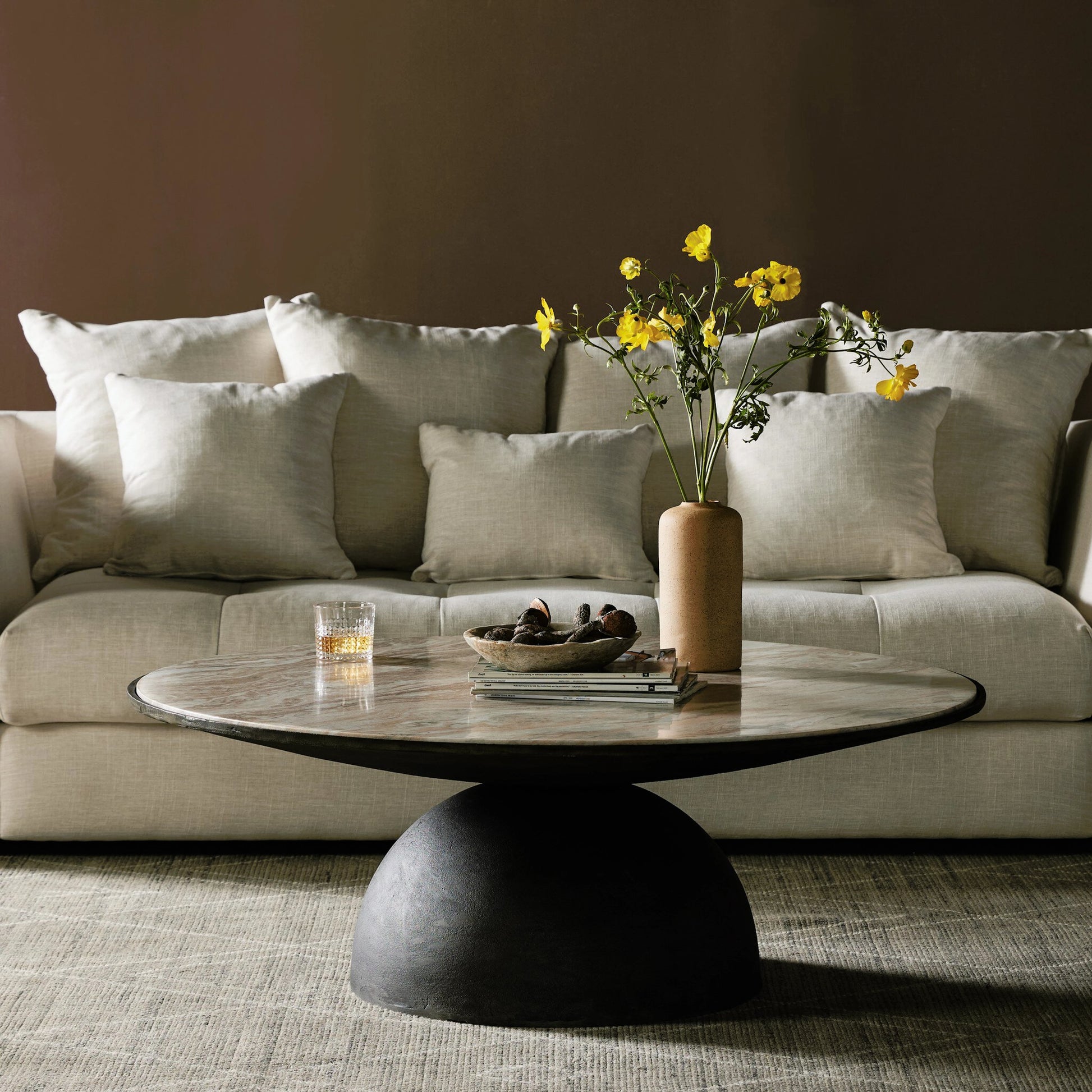 Corbett Large Coffee Table by Four Hands in hammered grey, creamy taupe marble. Made from solid marble, aluminum, engineered hardwood in a modern style.