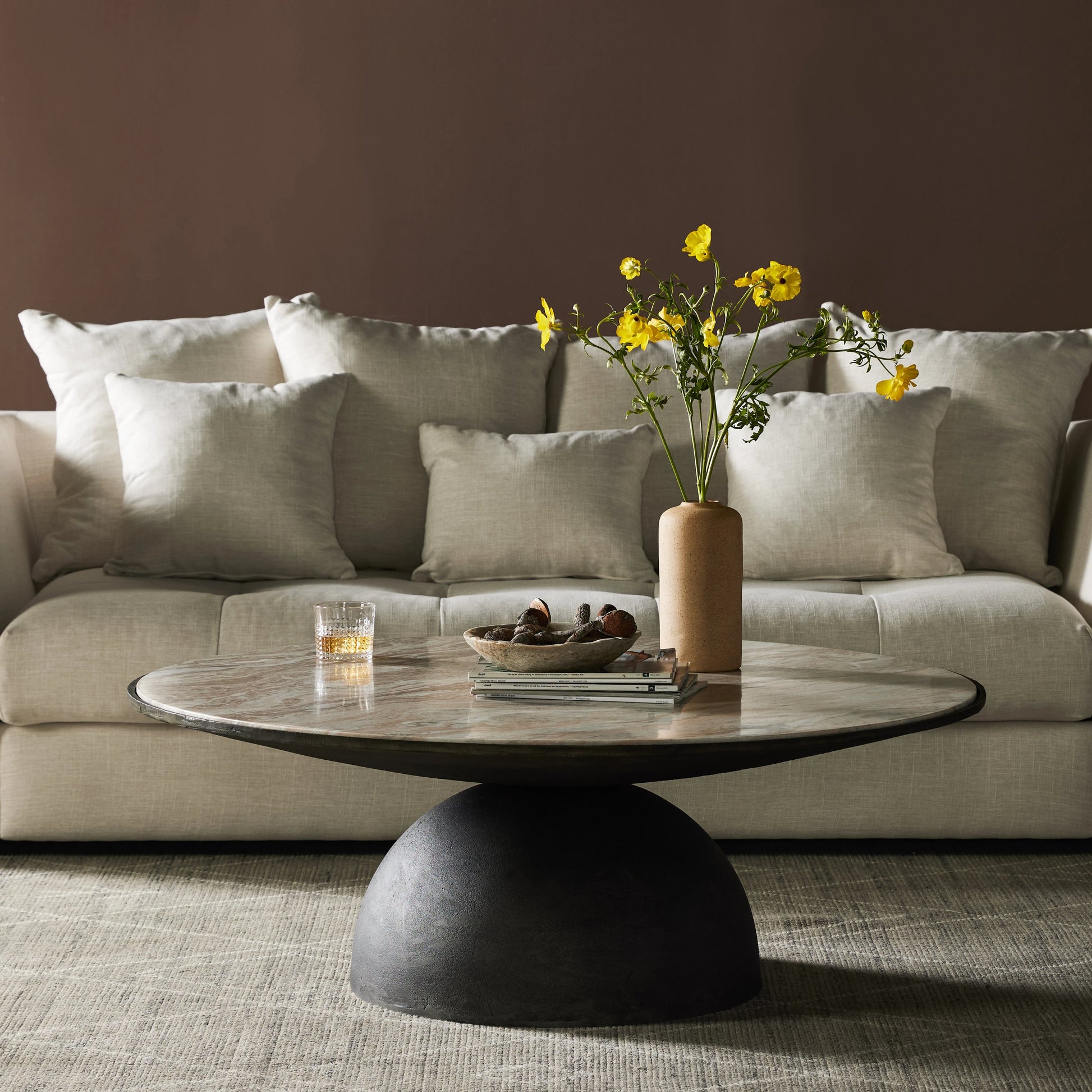 Corbett Large Coffee Table by Four Hands in hammered grey, creamy taupe marble. Made from solid marble, aluminum, engineered hardwood in a modern style.