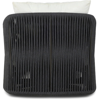 Porto Outdoor Swivel Chair by Four Hands in arashi salt, bronze, thick dark grey rope. Made from 100% acrylic, aluminum, 100% polypropylene in a rustic style.