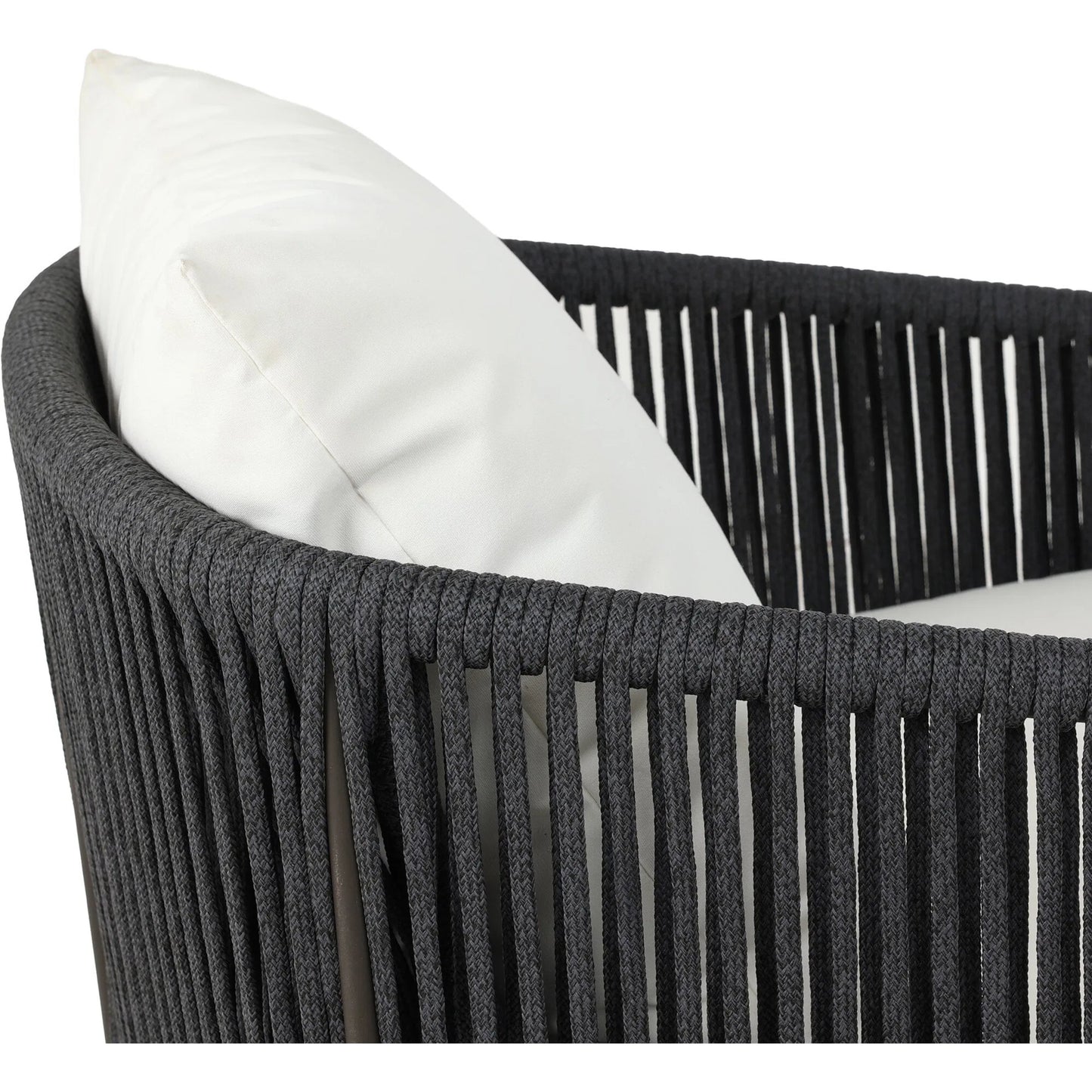 006 SI-2519268 | Closeup | Porto Outdoor Swivel Chair by Four Hands in arashi salt, bronze, thick dark grey rope. Made from 100% acrylic, aluminum, 100% polypropylene in a rustic style.