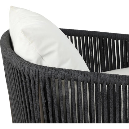 Porto Outdoor Swivel Chair by Four Hands in arashi salt, bronze, thick dark grey rope. Made from 100% acrylic, aluminum, 100% polypropylene in a rustic style.