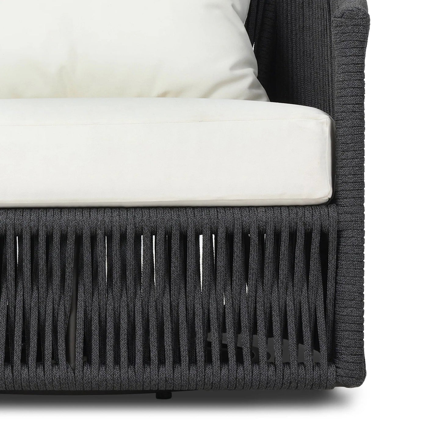 008 SI-2519268 | Closeup | Porto Outdoor Swivel Chair by Four Hands in arashi salt, bronze, thick dark grey rope. Made from 100% acrylic, aluminum, 100% polypropylene in a rustic style.