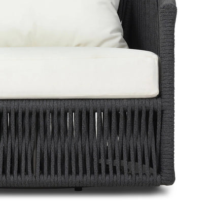 Porto Outdoor Swivel Chair by Four Hands in arashi salt, bronze, thick dark grey rope. Made from 100% acrylic, aluminum, 100% polypropylene in a rustic style.