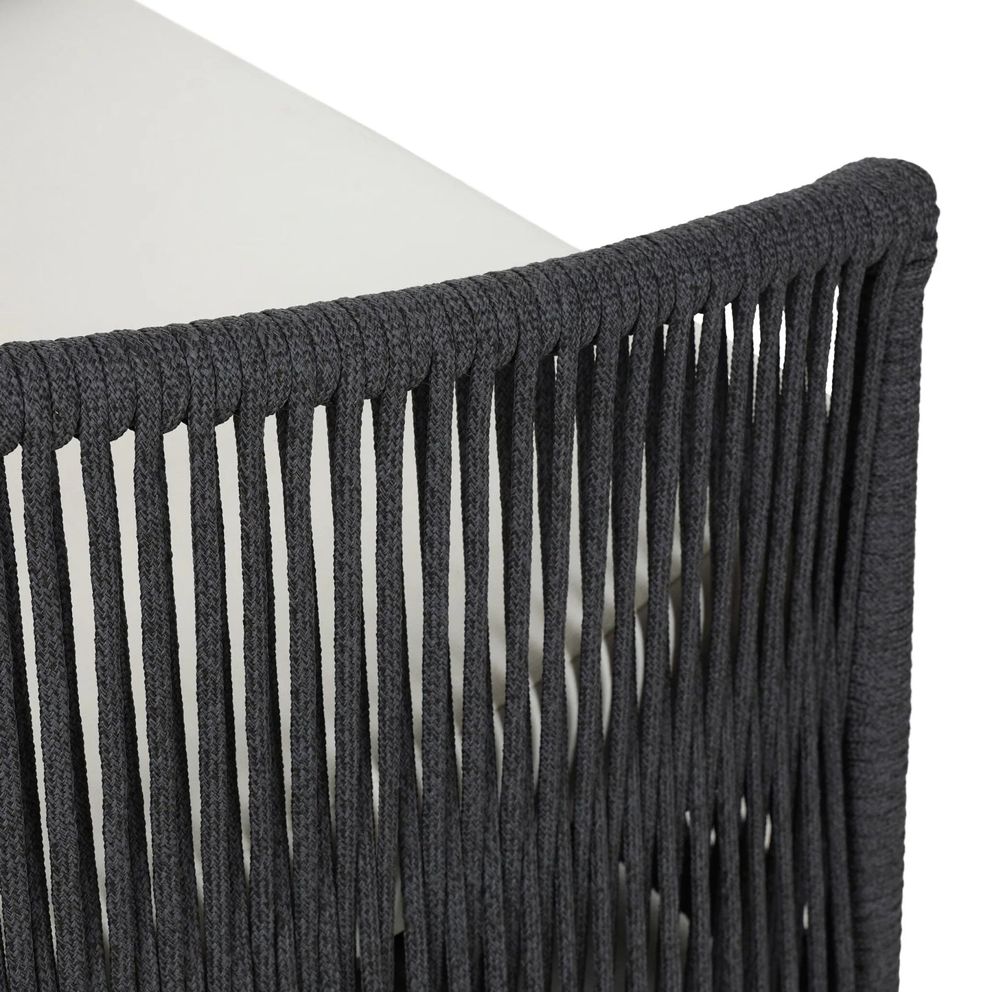 009 SI-2519268 | Closeup | Porto Outdoor Swivel Chair by Four Hands in arashi salt, bronze, thick dark grey rope. Made from 100% acrylic, aluminum, 100% polypropylene in a rustic style.