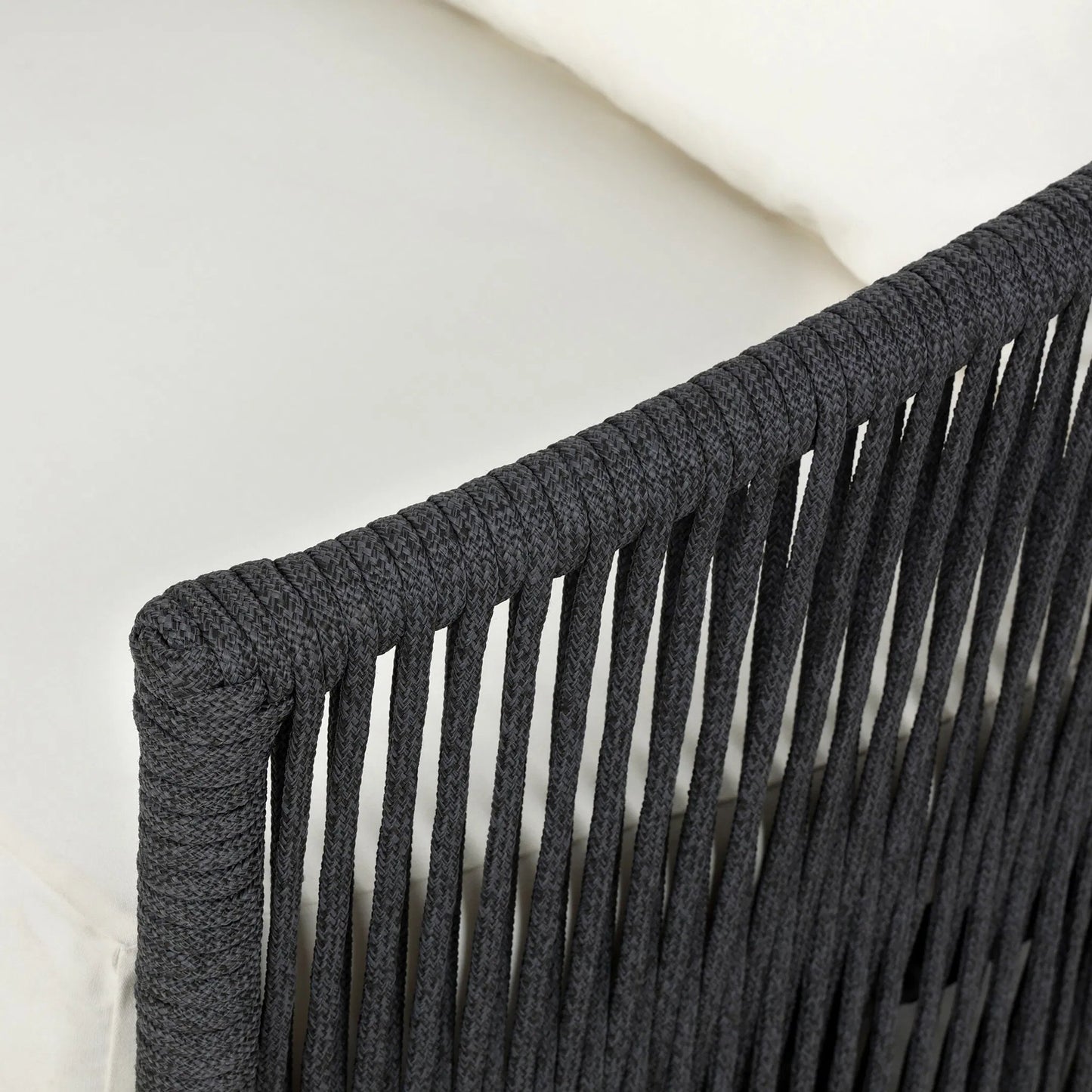 010 SI-2519268 | Closeup | Porto Outdoor Swivel Chair by Four Hands in arashi salt, bronze, thick dark grey rope. Made from 100% acrylic, aluminum, 100% polypropylene in a rustic style.