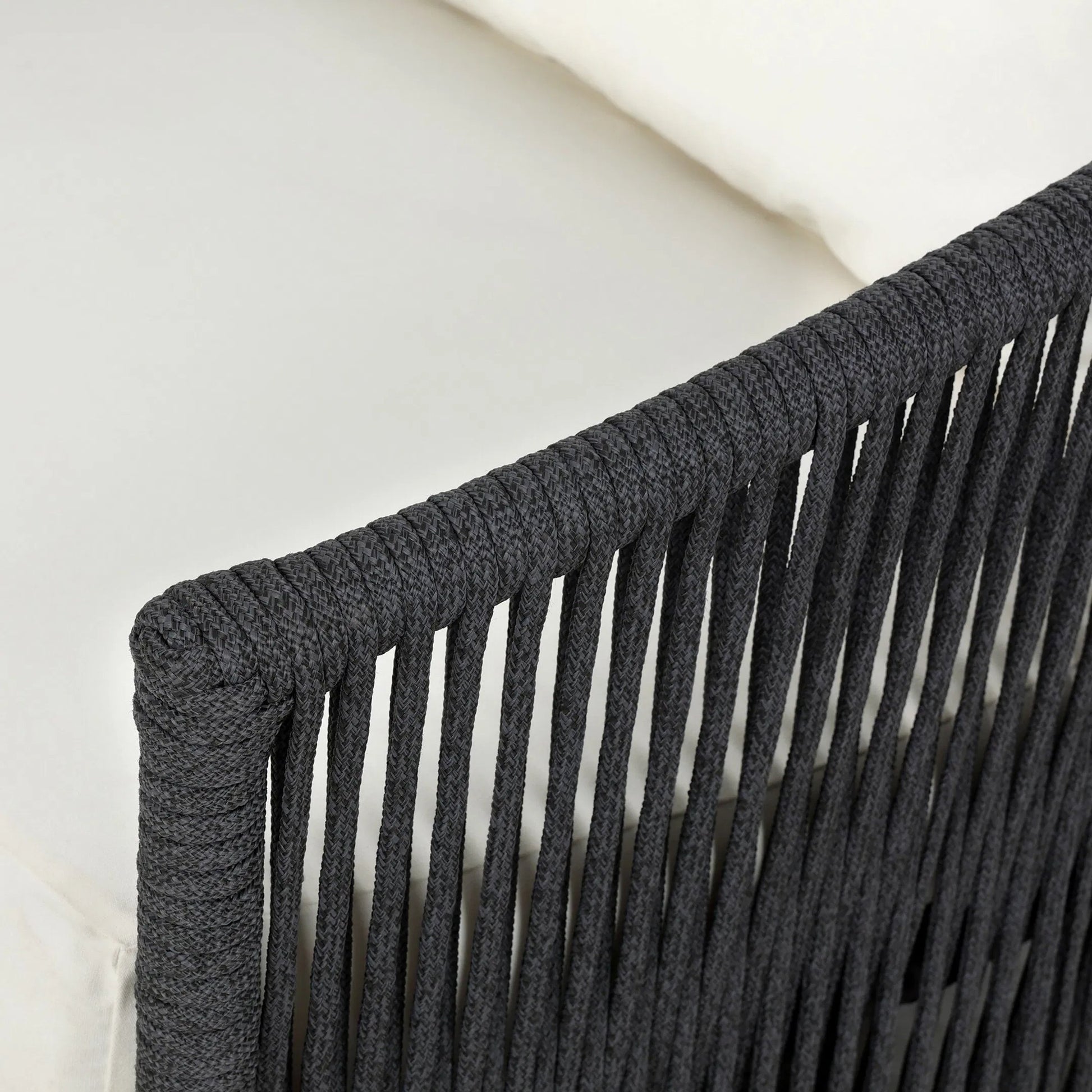 Porto Outdoor Swivel Chair by Four Hands in arashi salt, bronze, thick dark grey rope. Made from 100% acrylic, aluminum, 100% polypropylene in a rustic style.