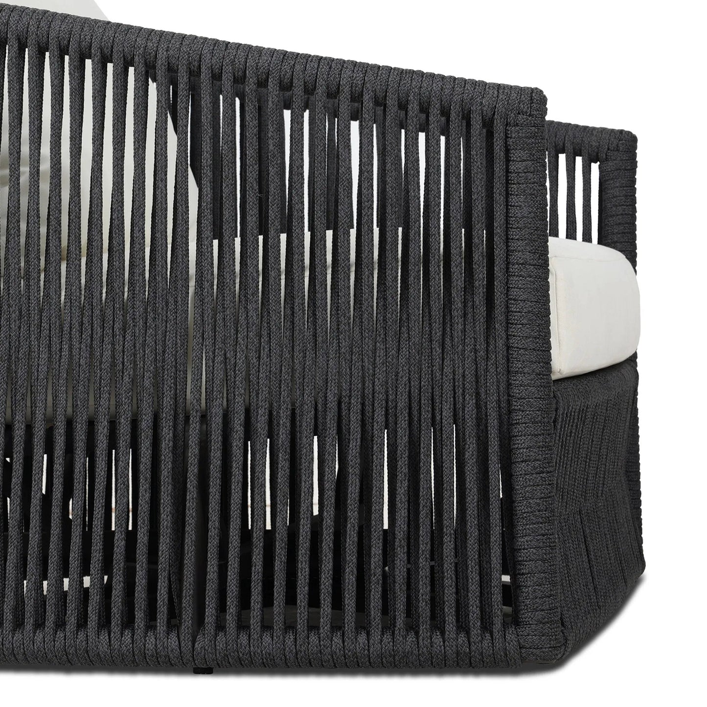 011 SI-2519268 | Closeup | Porto Outdoor Swivel Chair by Four Hands in arashi salt, bronze, thick dark grey rope. Made from 100% acrylic, aluminum, 100% polypropylene in a rustic style.