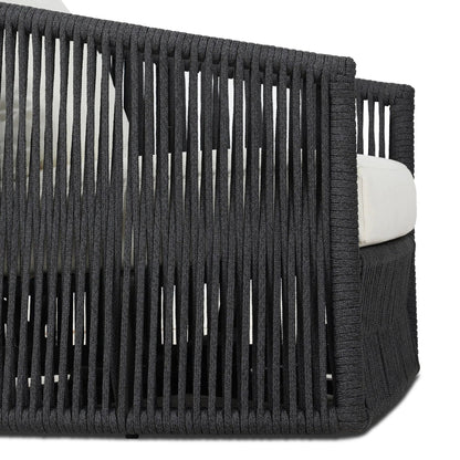 Porto Outdoor Swivel Chair by Four Hands in arashi salt, bronze, thick dark grey rope. Made from 100% acrylic, aluminum, 100% polypropylene in a rustic style.