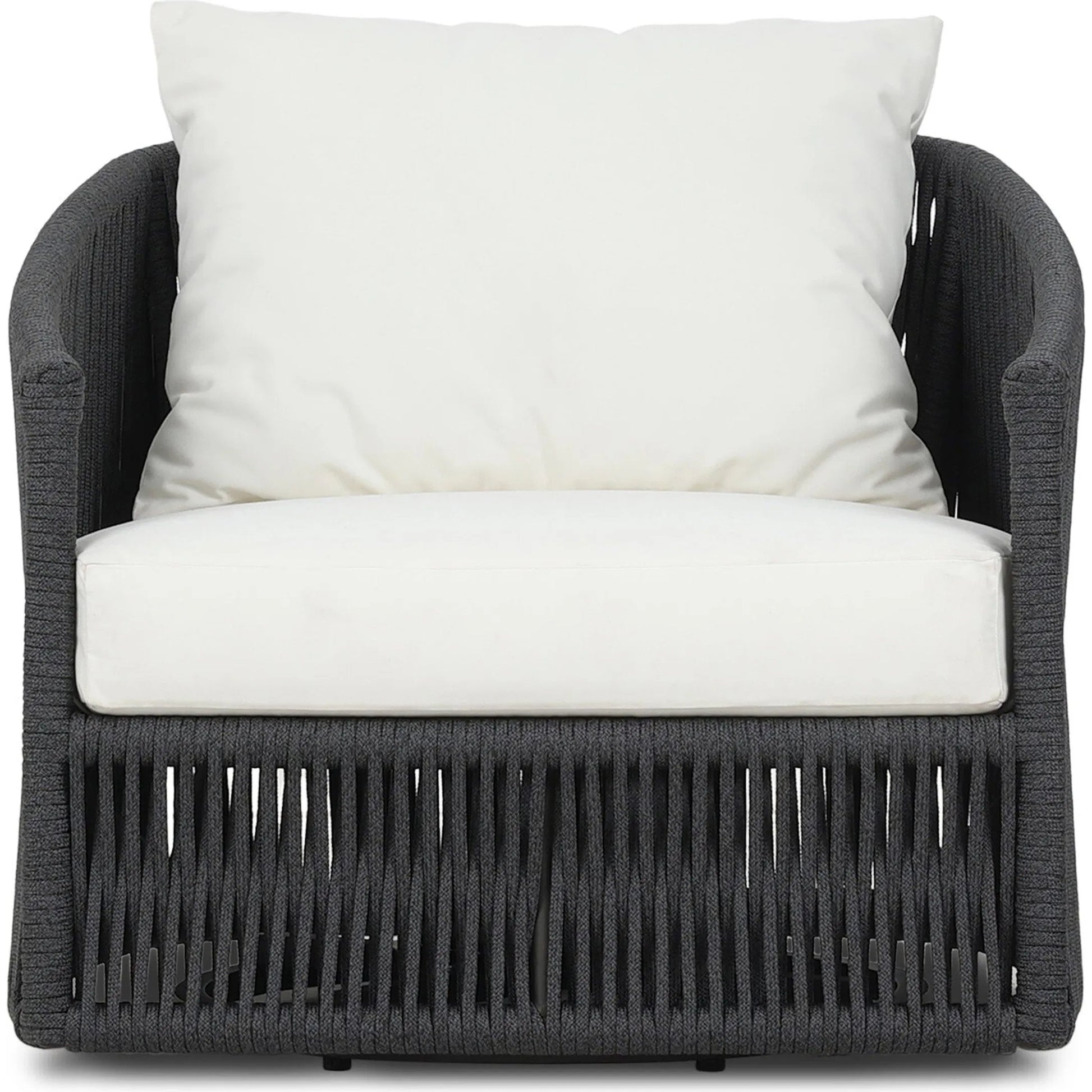 Porto Outdoor Swivel Chair by Four Hands in arashi salt, bronze, thick dark grey rope. Made from 100% acrylic, aluminum, 100% polypropylene in a rustic style.