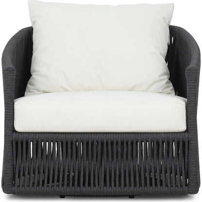 Porto Outdoor Swivel Chair by Four Hands in arashi salt, bronze, thick dark grey rope. Made from 100% acrylic, aluminum, 100% polypropylene in a rustic style.