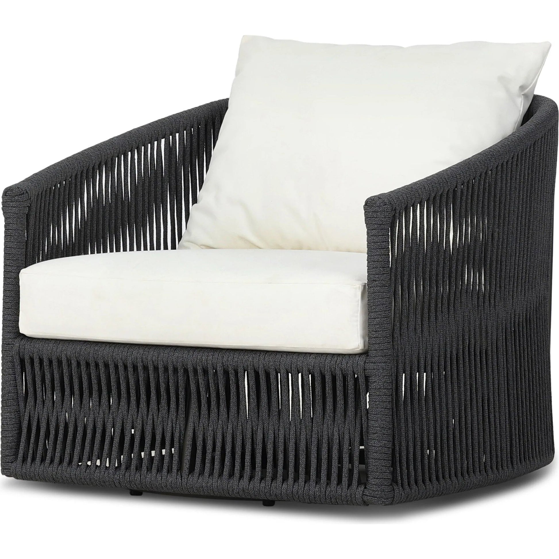 Porto Outdoor Swivel Chair by Four Hands in arashi salt, bronze, thick dark grey rope. Made from 100% acrylic, aluminum, 100% polypropylene in a rustic style.