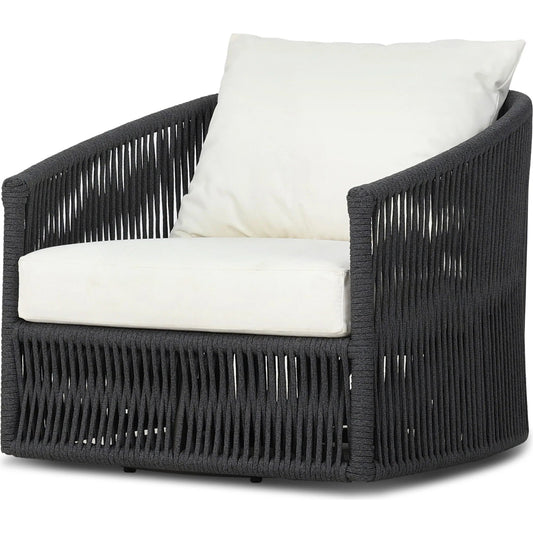 Porto Outdoor Swivel Chair by Four Hands in arashi salt, bronze, thick dark grey rope. Made from 100% acrylic, aluminum, 100% polypropylene in a rustic style.