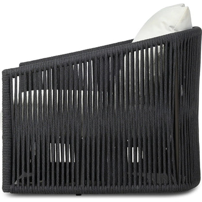 Porto Outdoor Swivel Chair by Four Hands in arashi salt, bronze, thick dark grey rope. Made from 100% acrylic, aluminum, 100% polypropylene in a rustic style.