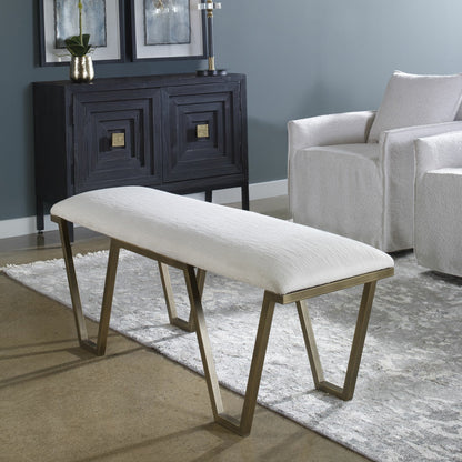 Farrah Bench by Uttermost in antique gold leaf. Made from iron, mdf, polyester, foam in a modern style.