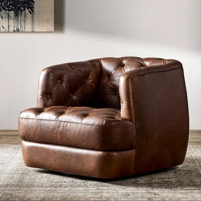 Paul Swivel Chair by Four Hands in raleigh cigar. Made from top grain leather, poplar plywood, 100% polyester in a modern style.