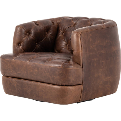Paul Swivel Chair by Four Hands in raleigh cigar. Made from top grain leather, poplar plywood, 100% polyester in a modern style.