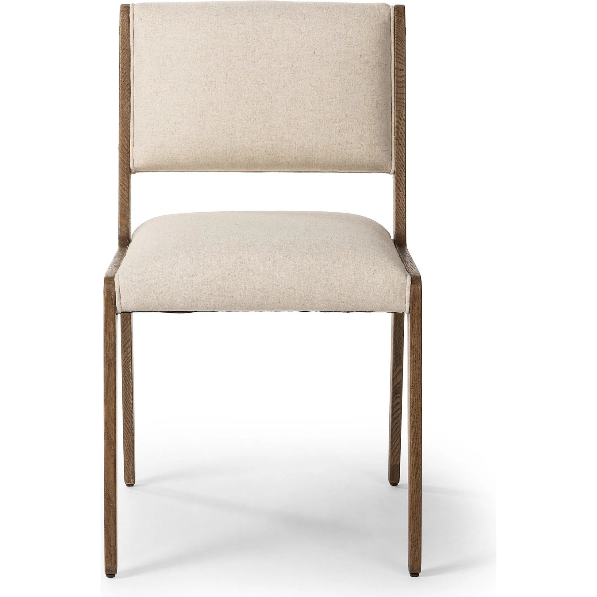 Norwalk Dining Chair by Four Hands in savile flax, lamont oak, antique brass. Made from 92% polyester, 8% flax/linen, solid oak, stainless steel in a unique style.