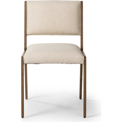 Norwalk Dining Chair by Four Hands in savile flax, lamont oak, antique brass. Made from 92% polyester, 8% flax/linen, solid oak, stainless steel in a unique style.
