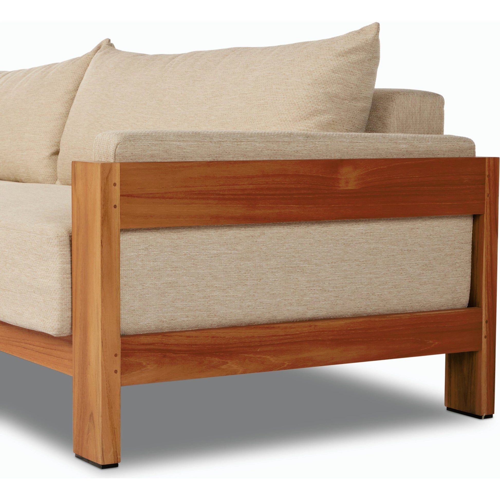 Chapman Outdoor Sofa by Four Hands in casa cream, natural teak-fsc. Made from 100% olefin, solid fsc®-certified teak, 59% polyurethane foam, 30% polyester fiber, 11% polyester fiber batting in a modern style.