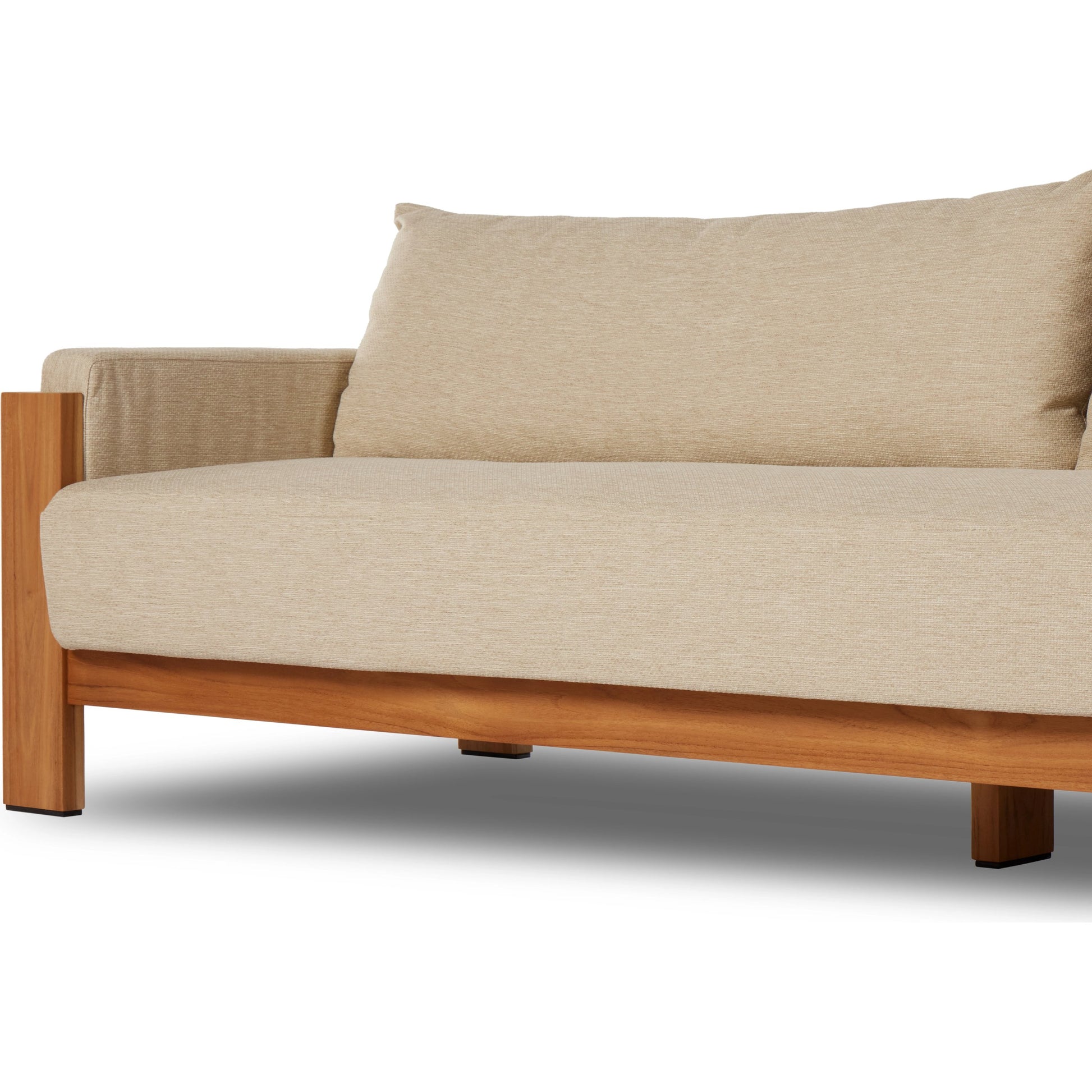 Chapman Outdoor Sofa by Four Hands in casa cream, natural teak-fsc. Made from 100% olefin, solid fsc®-certified teak, 59% polyurethane foam, 30% polyester fiber, 11% polyester fiber batting in a modern style.