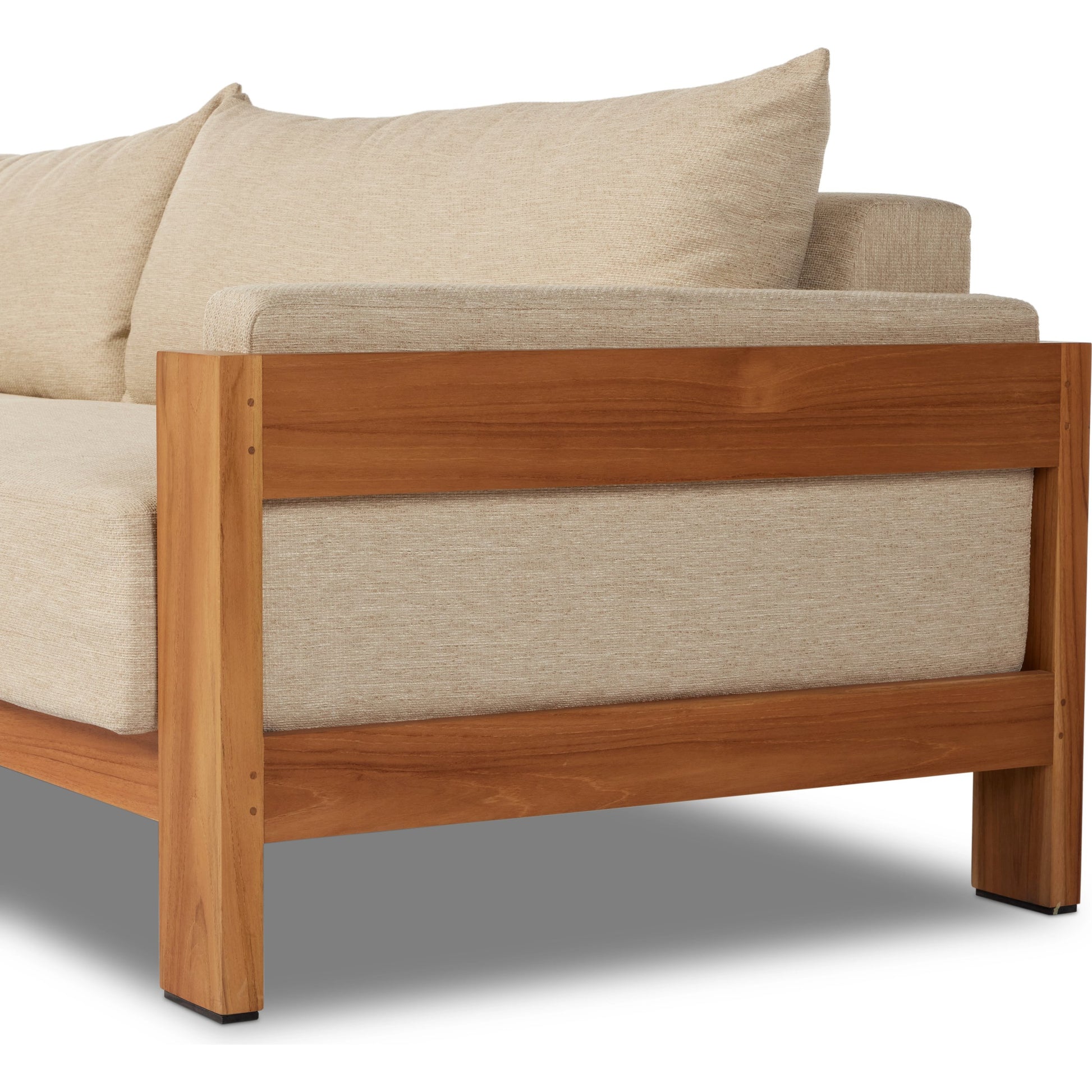 Chapman Outdoor Sofa by Four Hands in casa cream, natural teak-fsc. Made from 100% olefin, solid fsc®-certified teak, 59% polyurethane foam, 30% polyester fiber, 11% polyester fiber batting in a modern style.