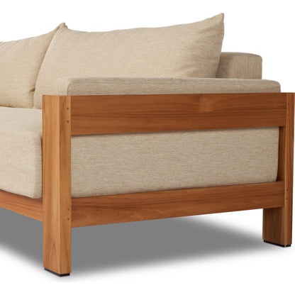 Chapman Outdoor Sofa by Four Hands in casa cream, natural teak-fsc. Made from 100% olefin, solid fsc®-certified teak, 59% polyurethane foam, 30% polyester fiber, 11% polyester fiber batting in a modern style.