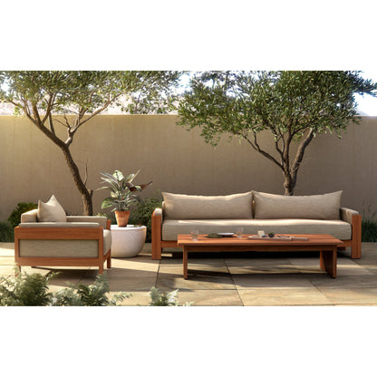 Chapman Outdoor Sofa by Four Hands in casa cream, natural teak-fsc. Made from 100% olefin, solid fsc®-certified teak, 59% polyurethane foam, 30% polyester fiber, 11% polyester fiber batting in a modern style.