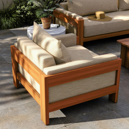 Chapman Outdoor Chair by Four Hands in casa cream, natural teak-fsc. Made from 100% olefin, solid fsc®-certified teak, 59% polyurethane foam, 30% polyester fiber, 11% polyester fiber batting in a modern style.