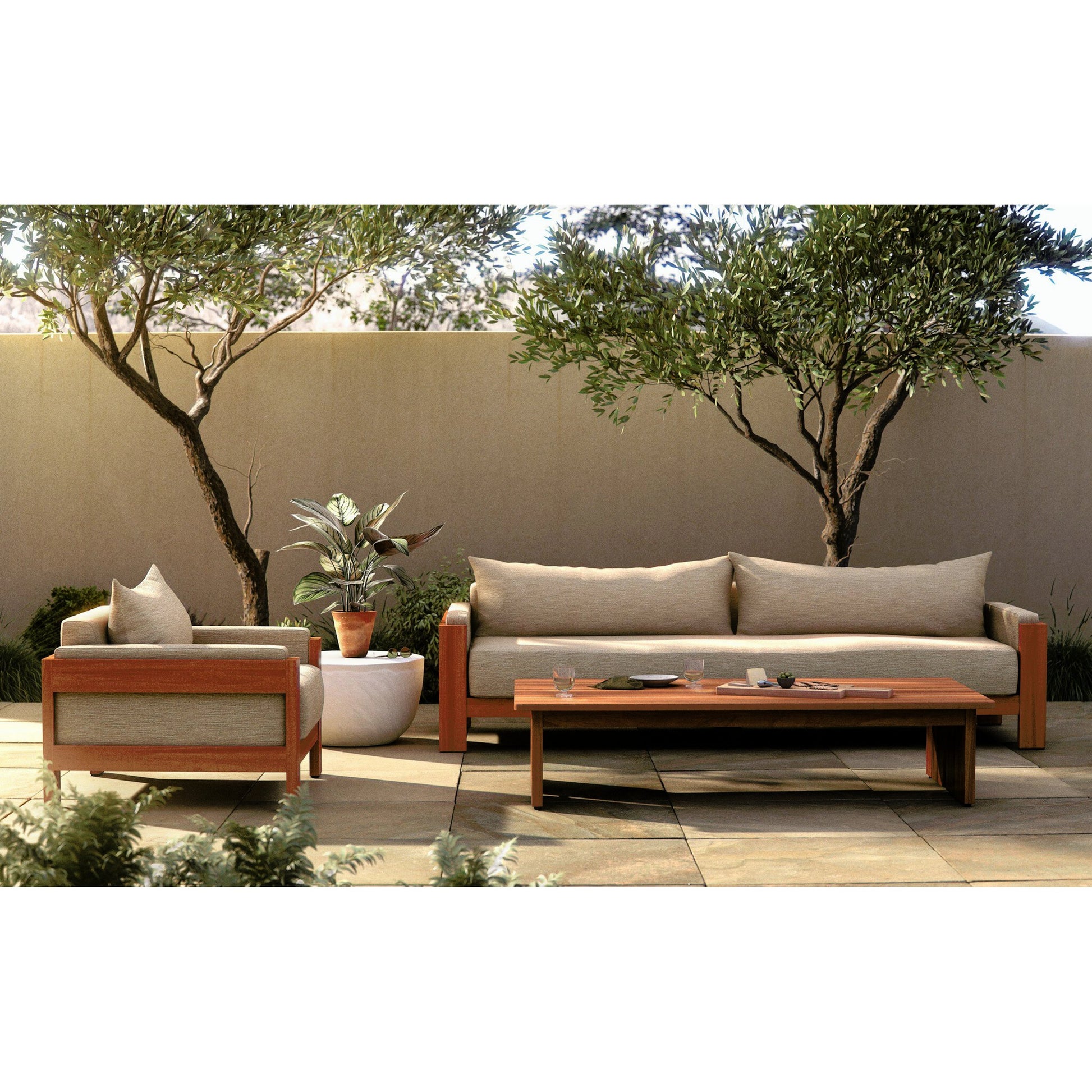 Chapman Outdoor Chair by Four Hands in casa cream, natural teak-fsc. Made from 100% olefin, solid fsc®-certified teak, 59% polyurethane foam, 30% polyester fiber, 11% polyester fiber batting in a modern style.
