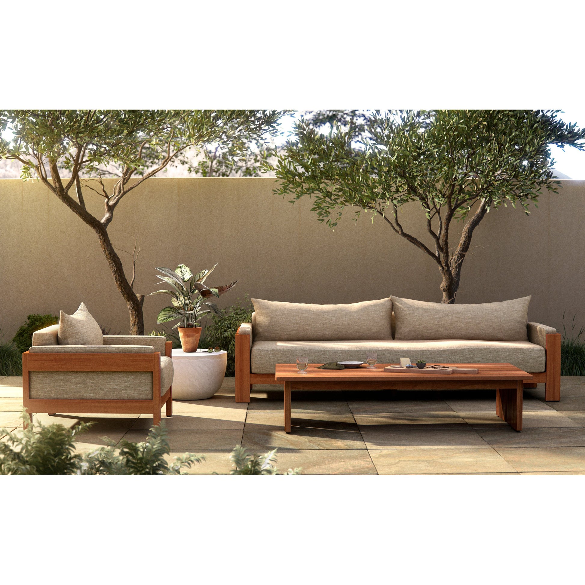 Chapman Outdoor Chair by Four Hands in casa cream, natural teak-fsc. Made from 100% olefin, solid fsc®-certified teak, 59% polyurethane foam, 30% polyester fiber, 11% polyester fiber batting in a modern style.