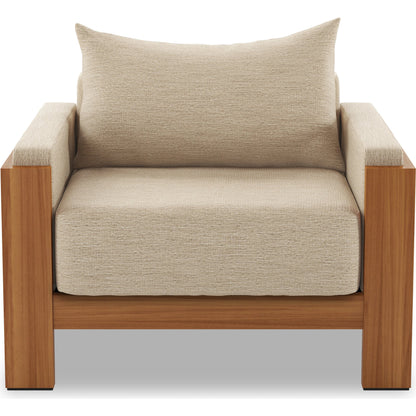 Chapman Outdoor Chair by Four Hands in casa cream, natural teak-fsc. Made from 100% olefin, solid fsc®-certified teak, 59% polyurethane foam, 30% polyester fiber, 11% polyester fiber batting in a modern style.