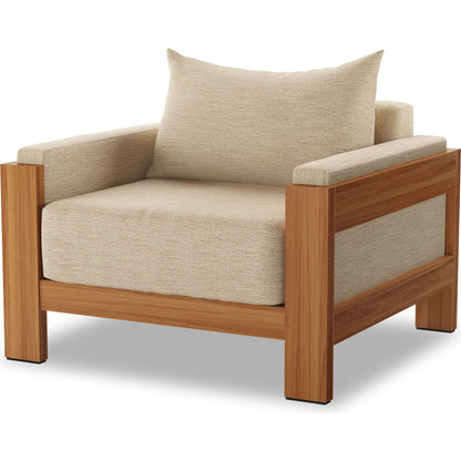 Chapman Outdoor Chair by Four Hands in casa cream, natural teak-fsc. Made from 100% olefin, solid fsc®-certified teak, 59% polyurethane foam, 30% polyester fiber, 11% polyester fiber batting in a modern style.