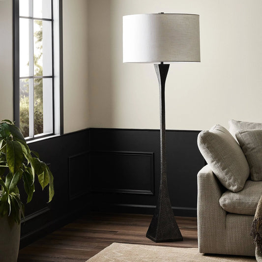 Tapered Forged Floor Lamp by Four Hands in ivory slubbed linen and forged black. Made from aluminum, 90% polyester, 10% cotton in a modern style.