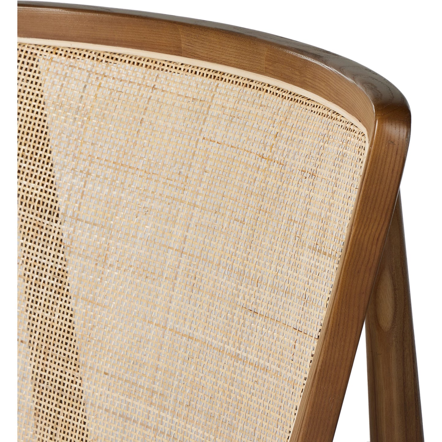 008 SI-2000920 | Closeup | Alida Dining Chair by Four Hands in alcala cream, warm ash. Made from 70% polyester, 20% viscose (rayon), 10% flax, linen, solid ash, cane in a transitional style.