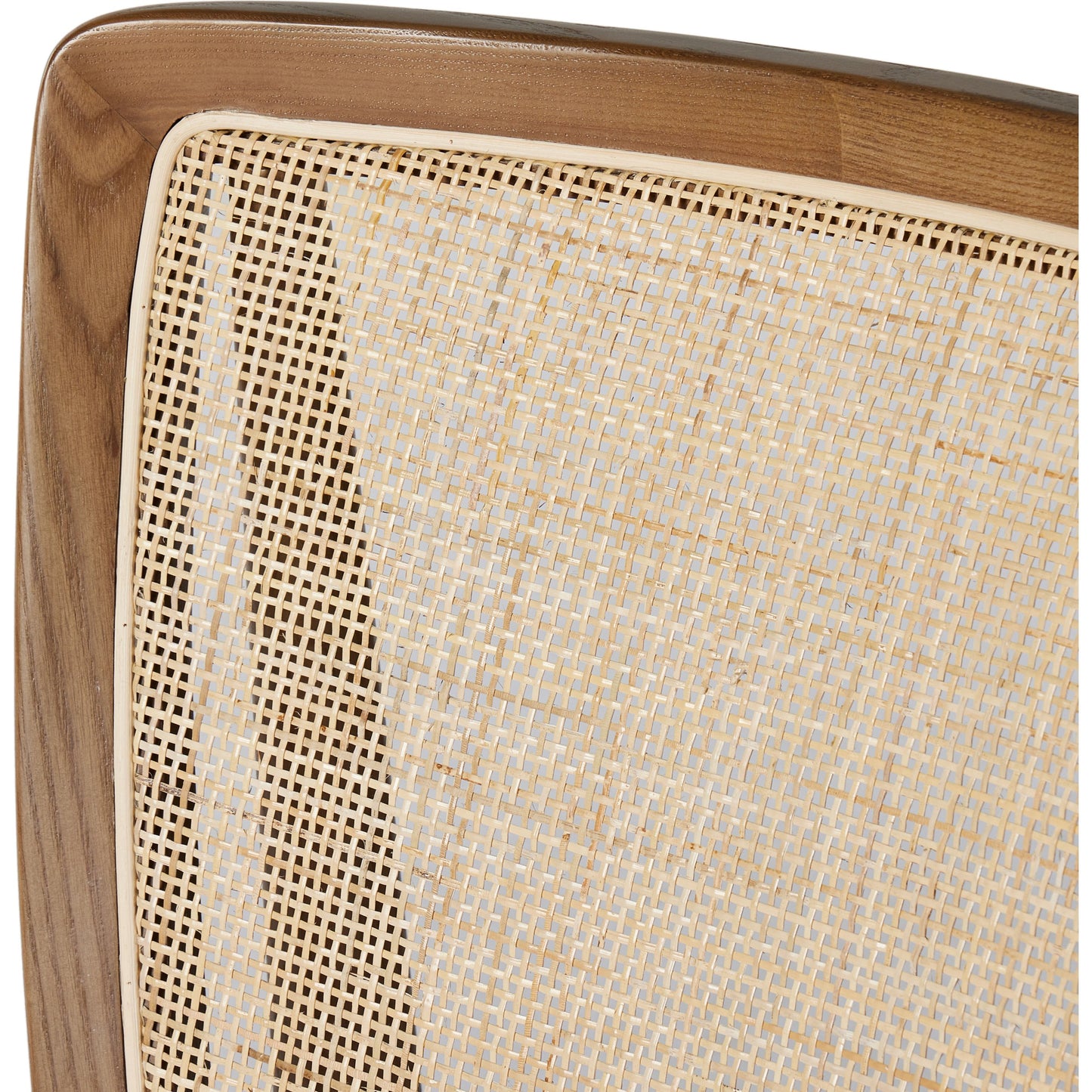 010 SI-2000920 | Closeup | Alida Dining Chair by Four Hands in alcala cream, warm ash. Made from 70% polyester, 20% viscose (rayon), 10% flax, linen, solid ash, cane in a transitional style.