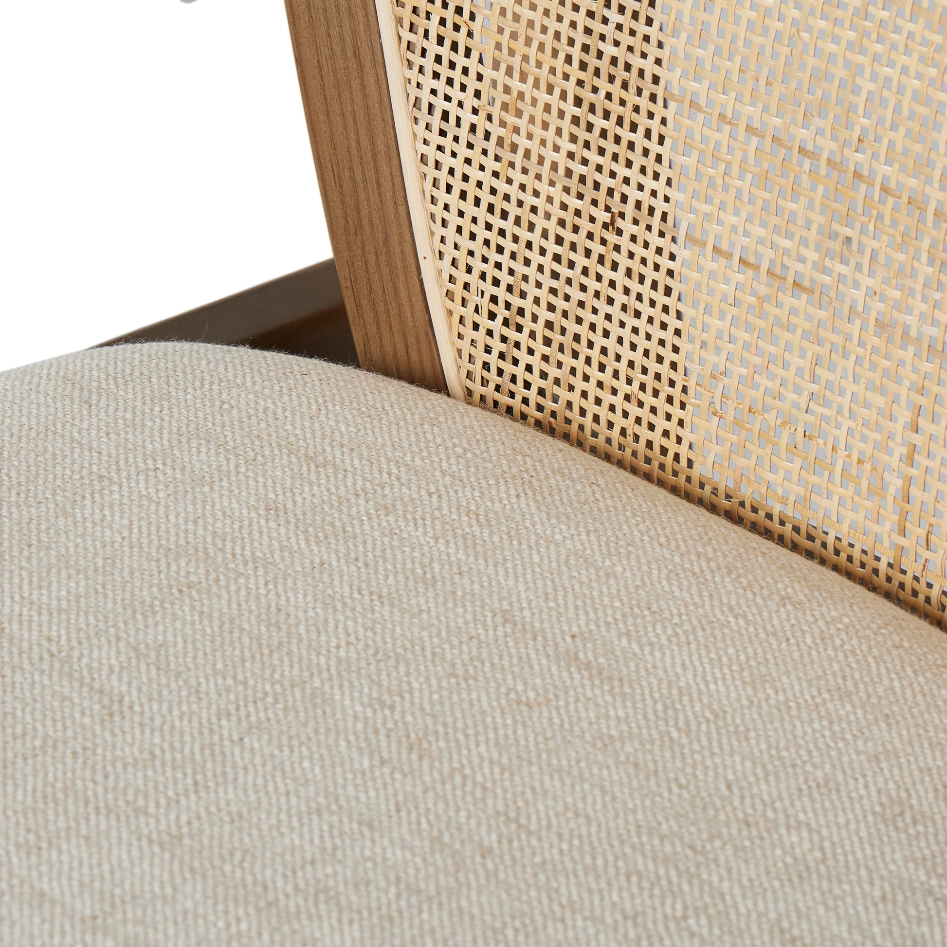 Alida Dining Chair by Four Hands in alcala cream, warm ash. Made from 70% polyester, 20% viscose (rayon), 10% flax, linen, solid ash, cane in a transitional style.