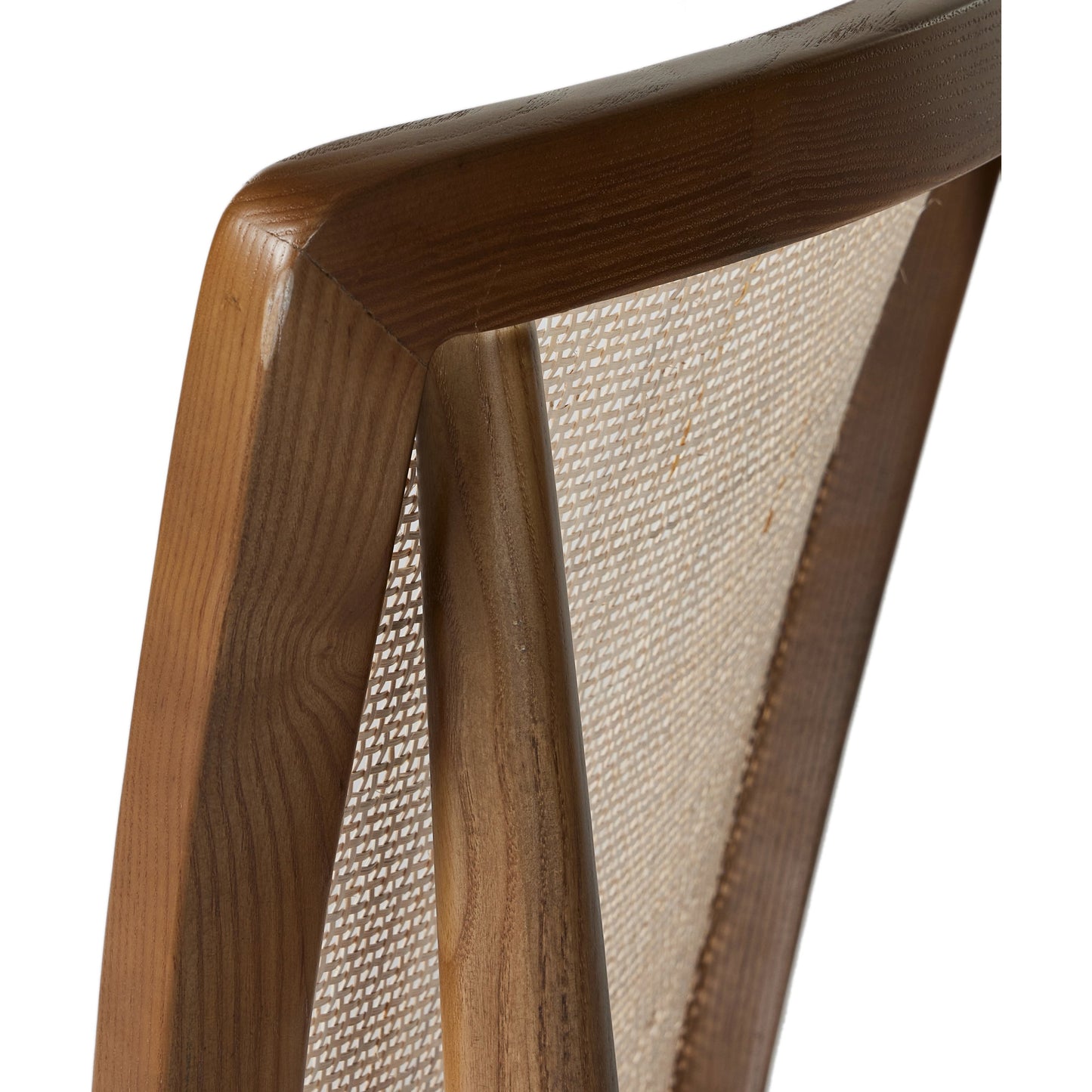 012 SI-2000920 | Closeup | Alida Dining Chair by Four Hands in alcala cream, warm ash. Made from 70% polyester, 20% viscose (rayon), 10% flax, linen, solid ash, cane in a transitional style.