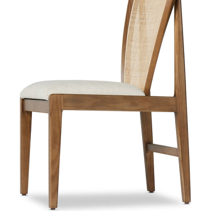 Alida Dining Chair by Four Hands in alcala cream, warm ash. Made from 70% polyester, 20% viscose (rayon), 10% flax, linen, solid ash, cane in a transitional style.
